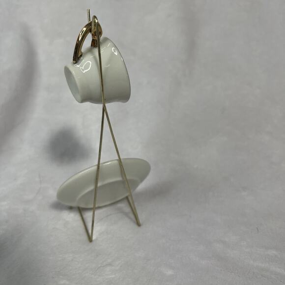 Vtg Miniature Dollhouse Porcelain Flowering Rose Tea Cup, Plate Set w/Stand NOS - Picture 3 of 4